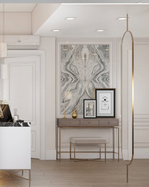 Ayna ve dolap geçiş kurgusu - tuğ mimarlık Pirinç çerçeveli ayna ve kapaklı dolap geçişi ile giyinme odası tasarımı