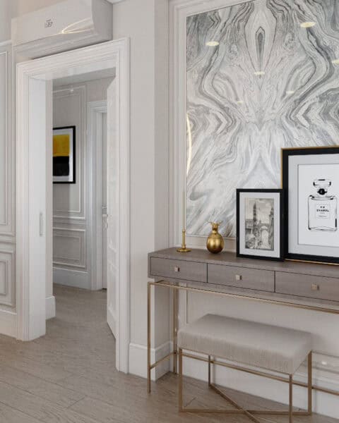 Dresuar ve Çıtalı duvar köşesi - tuğ mimarlık Çıtalama detaylı duvar önünde konumlanan dresuar ile giyinme odası köşe tasarımı Kartal Manzara Adalar