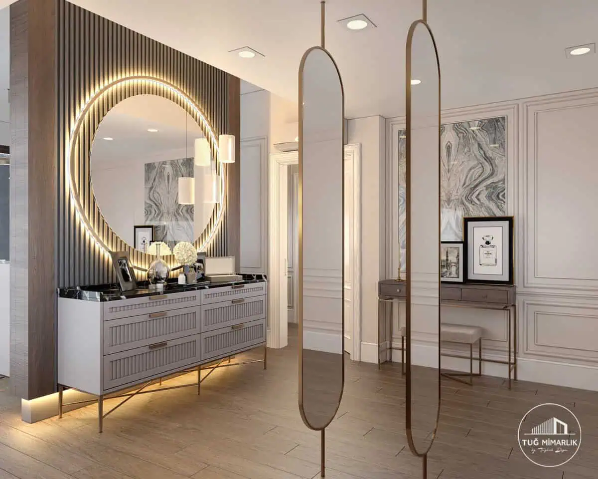Dairesel aynalı makyaj konsolu - tuğ mimarlık Dairesel LED ayna ve mermer görünümlü tezgâh ile giyinme odası makyaj köşesi tasarımı