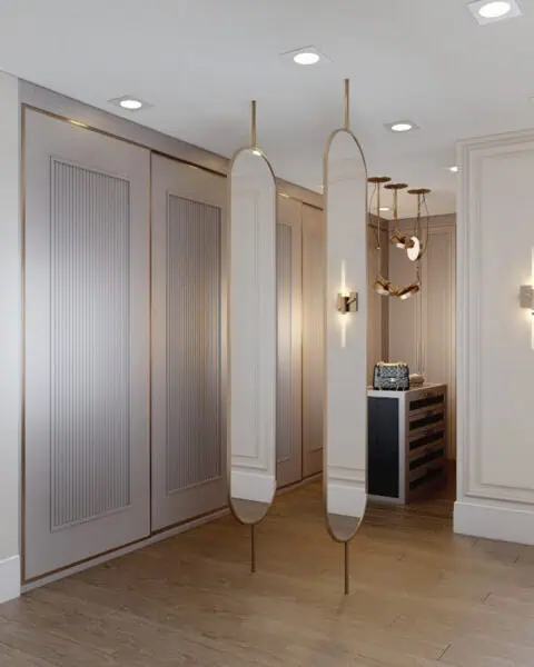 Oval aynalı giyinme odası aksı - tuğ mimarlık Oval aynalar ve pirinç çerçeveli dolaplar ile Kartal giyinme odası tasarımı