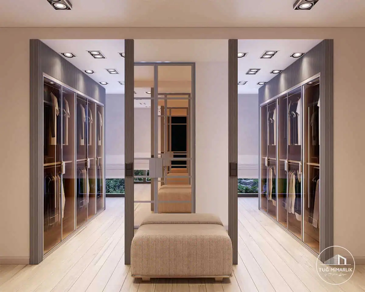 Acarkent giyinme odası aks yerleşimi - tuğ mimarlık Acarkent giyinme odasında iki cepheli gardırop yerleşimi ve orta alan oturma pufu