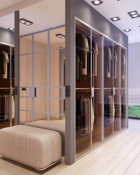 Acarkent giyinme odasında cam kapaklı dolap, iç ışık ve profil detayları perspektif görünüm