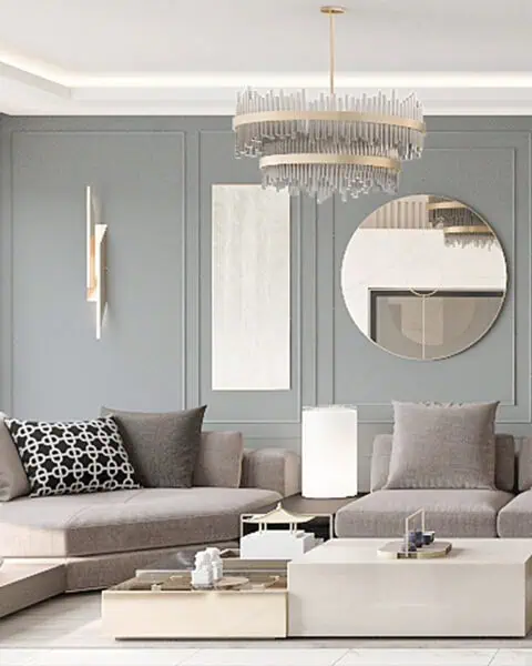 Akasya koru evleri oturma alanı duvar paneli ve ayna - tuğ mimarlık Akasya Koru Evleri salonunda duvar çıtalama paneli, büyük dairesel ayna ve modern aydınlatma