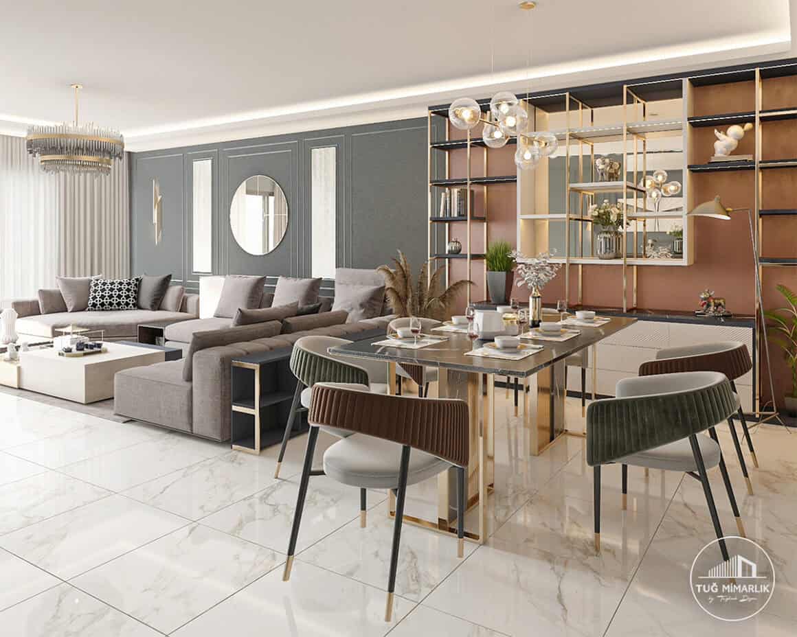 Akasya koru evleri salon genel yerleşim ve akış - tuğ mimarlık Akasya Koru Evleri salon tasarımında oturma grubu, yemek alanı ve raf sistemi genel yerleşim