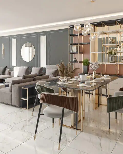 Akasya Koru Evleri salon tasarımında oturma grubu, yemek alanı ve raf sistemi genel yerleşim