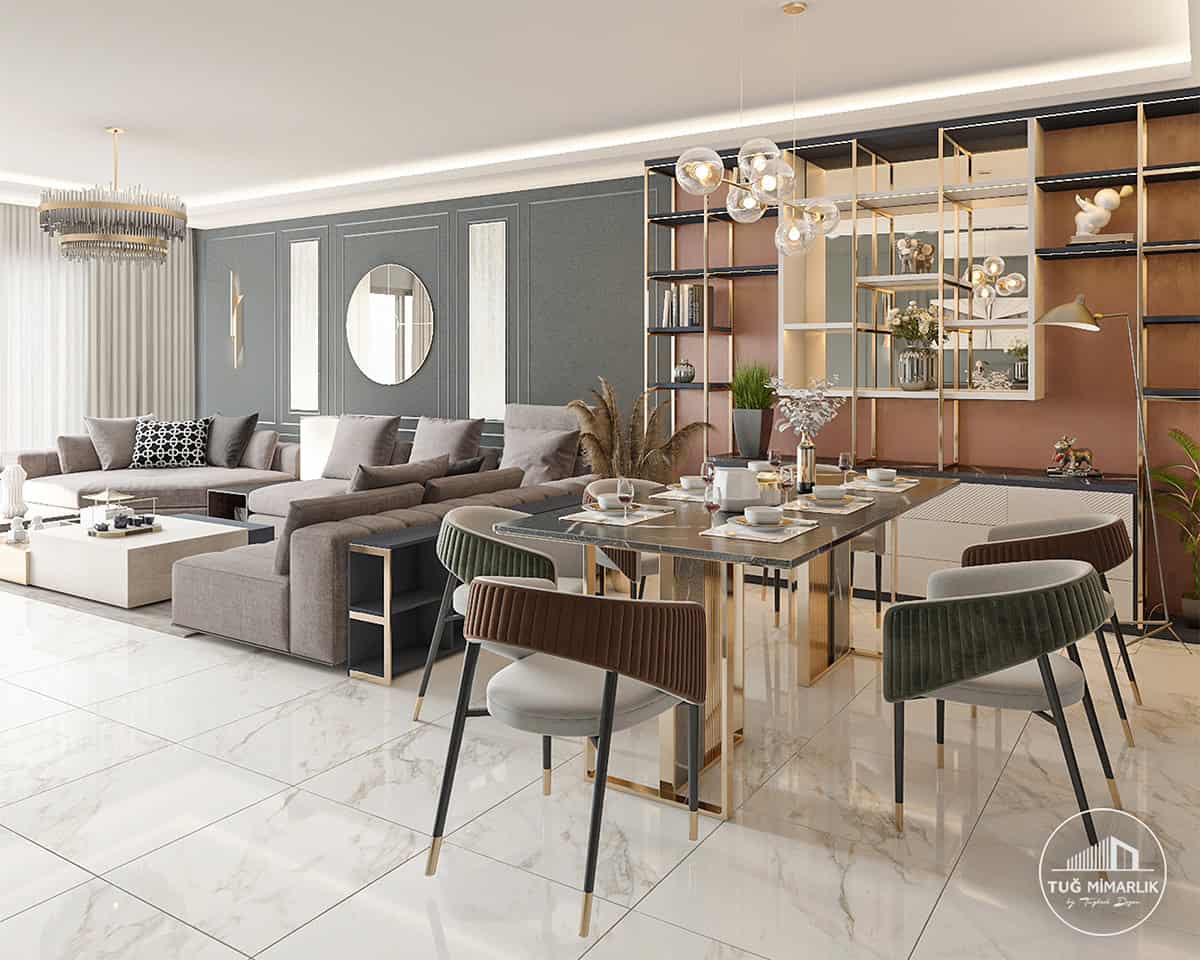 Akasya koru evleri salon genel yerleşim ve akış - tuğ mimarlık Akasya Koru Evleri salon tasarımında oturma grubu, yemek alanı ve raf sistemi genel yerleşim