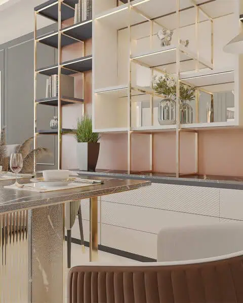 Akasya koru evleri raf detayı ve tezgâh Üstü yerleşim - tuğ mimarlık Akasya Koru Evleri salonunda metal raf sistemi, dekoratif nişler ve tezgâh üstü aksesuar yerleşimi