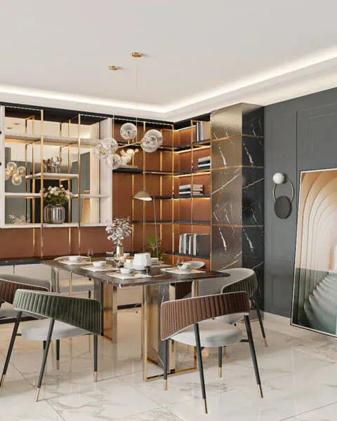 Akasya koru evleri yemek masası ve duvar Çıtalama - tuğ mimarlık Akasya Koru Evleri salonunda yemek masası, metal detaylar ve duvar çıtalama panel düzeni