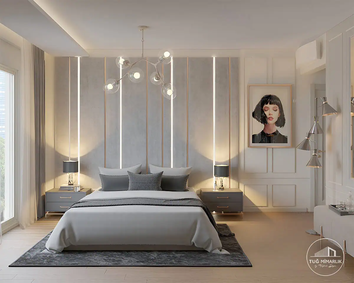 Akasya koru yatak odası – başlık ve aydınlatma - tuğ mimarlık Akasya Koru yatak odası kumaş başlık paneli ve lineer aydınlatma