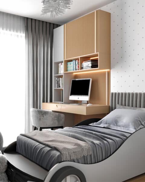 Araba yataklı genç odası – genel perspektif - tuğ mimarlık araba yataklı genç odası tasarımı genel görünüm çalışma masası ve depolama