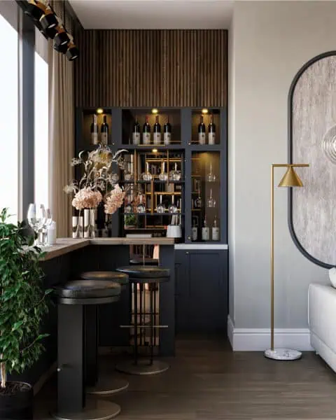 salon mimari tasarım – bar alanı, içki dolabı vitrinleri ve sıcak aydınlatma
