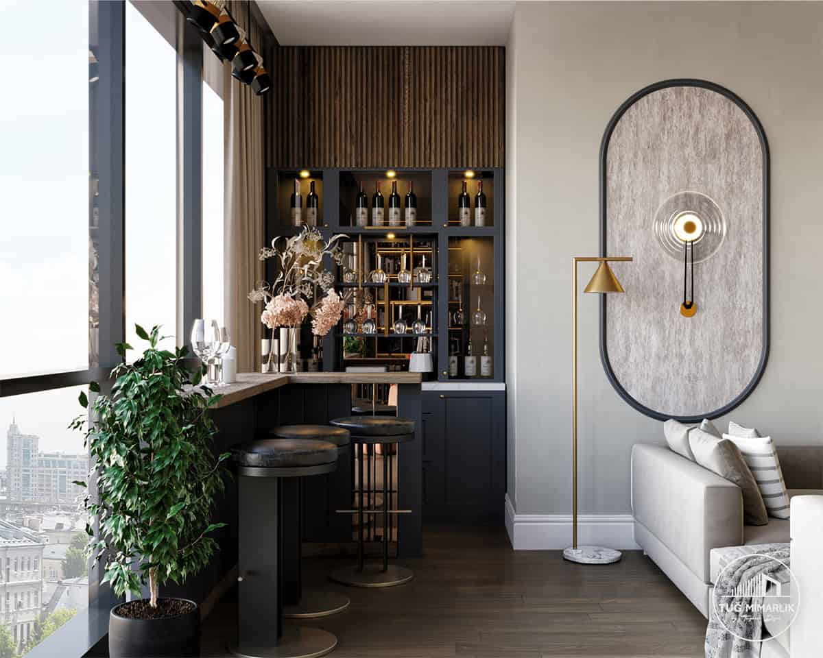 Bar alanı – İçki dolabı ve vitrin - tuğ mimarlık salon mimari tasarım – bar alanı, içki dolabı vitrinleri ve sıcak aydınlatma
