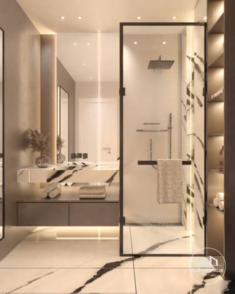 Büyükhanlı Residence banyo tasarımı, siyah çerçeveli duş ve mermer görünümlü tezgâh