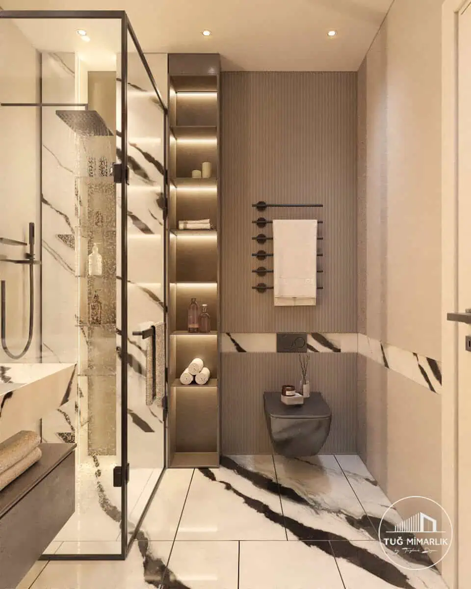 Büyükhanlı residence banyo tasarımı – depolama ve wc - tuğ mimarlık Büyükhanlı Residence banyo tasarımı, duvar askılı klozet ve aydınlatmalı niş raf sistemi