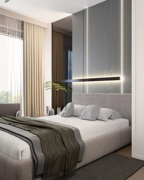 Büyükhanlı residence genç yatak odası – dolap ve aydınlatmalı niş - tuğ mimarlık Beşiktaş Dikilitaş genç odası, beyaz dolap kapakları ve aydınlatmalı niş detayları