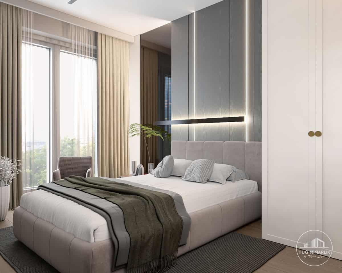 Büyükhanlı residence genç yatak odası – dolap ve aydınlatmalı niş - tuğ mimarlık Beşiktaş Dikilitaş genç odası, beyaz dolap kapakları ve aydınlatmalı niş detayları