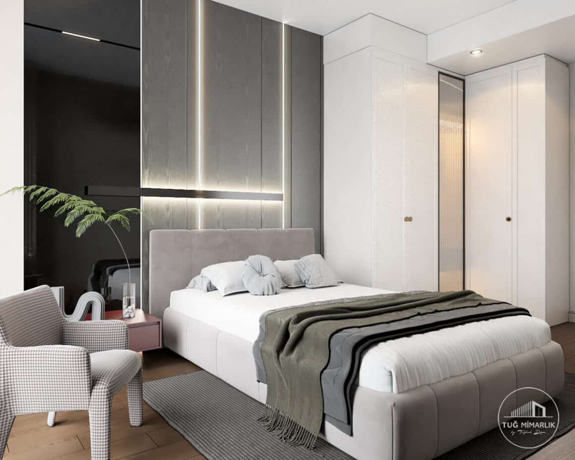 Büyükhanlı residence genç yatak odası – yatak ve pencere - tuğ mimarlık Büyükhanlı Residence genç yatak odası tasarımı, LED çizgili başlık duvarı ve perde katmanı