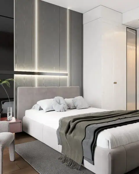 Büyükhanlı residence genç yatak odası – yatak ve pencere - tuğ mimarlık Büyükhanlı Residence genç yatak odası tasarımı, LED çizgili başlık duvarı ve perde katmanı
