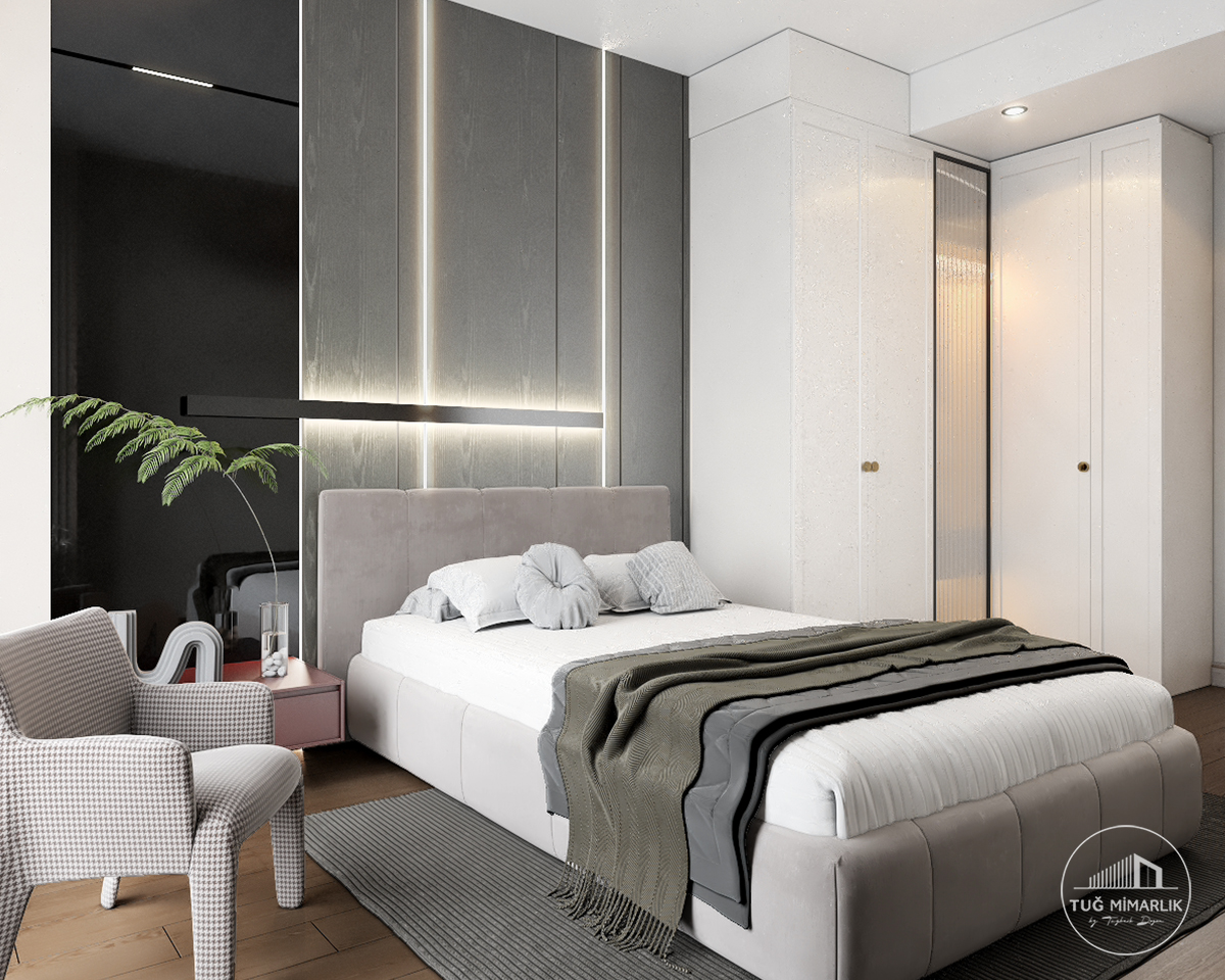 Büyükhanlı residence genç yatak odası – yatak ve pencere - tuğ mimarlık Büyükhanlı Residence genç yatak odası tasarımı, LED çizgili başlık duvarı ve perde katmanı