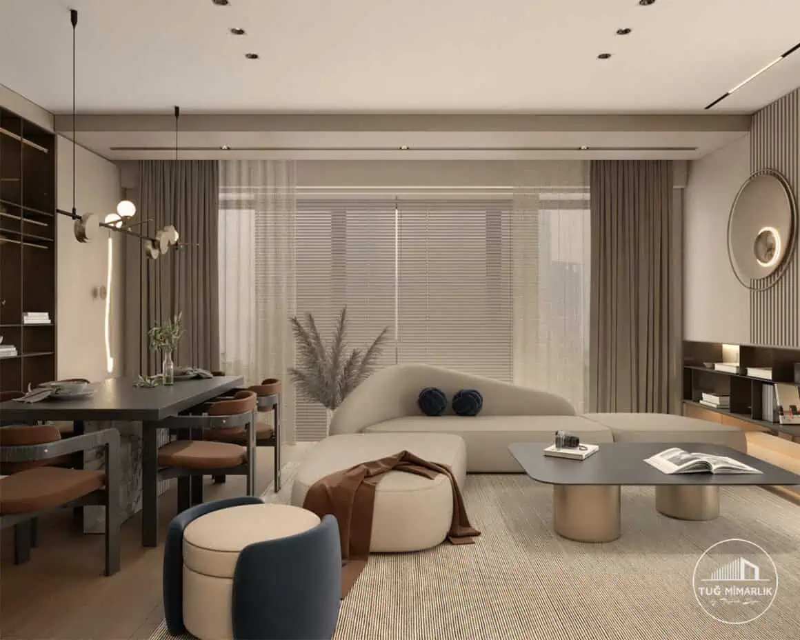 Geniş açı salon perspektifi - tuğ mimarlık Büyükhanlı Residence salon tasarımı geniş açı oturma alanı ve perdeler