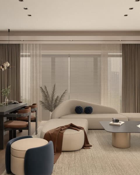 Büyükhanlı Residence salon tasarımı geniş açı oturma alanı ve perdeler