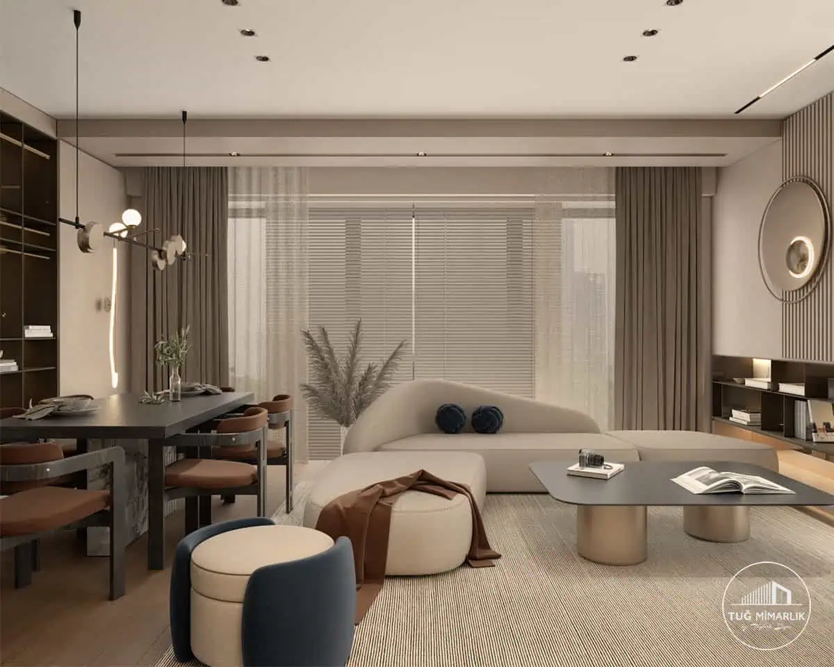 Geniş açı salon perspektifi - tuğ mimarlık Büyükhanlı Residence salon tasarımı geniş açı oturma alanı ve perdeler