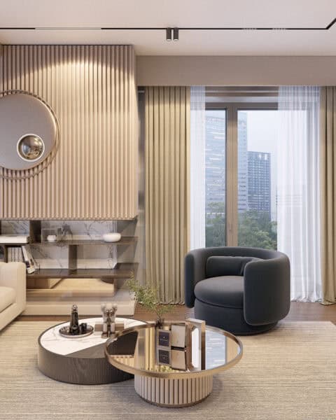 Büyükhanlı Residence salon tasarımı gün ışığında berjer ve oturma alanı düzeni