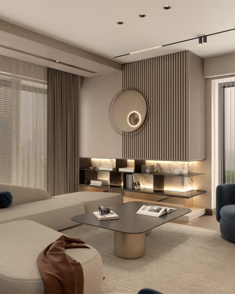 Fuga duvar ve halka ayna detayı - tuğ mimarlık Büyükhanlı Residence salon tasarımı fuga duvar paneli ve halka ayna uygulaması