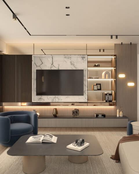 Büyükhanlı Residence salon tasarımı mermer TV duvarı ve LED raf detayları