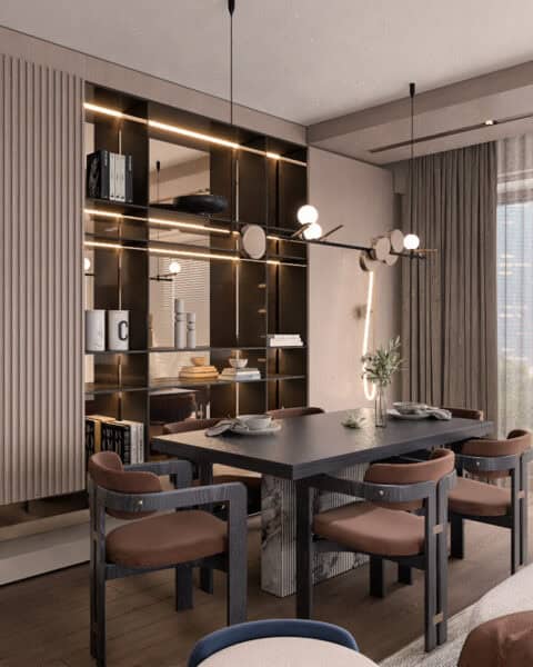 Seperatör raf ve ayna işığı - tuğ mimarlık Büyükhanlı Residence salon tasarımı pirinç detaylı seperatör raf ve aynalı yüzey