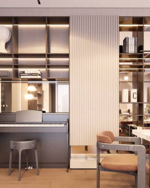 Piyano köşesi ve depolama nişleri - tuğ mimarlık Büyükhanlı Residence salon tasarımı piyano köşesi ve aydınlatmalı niş depolama