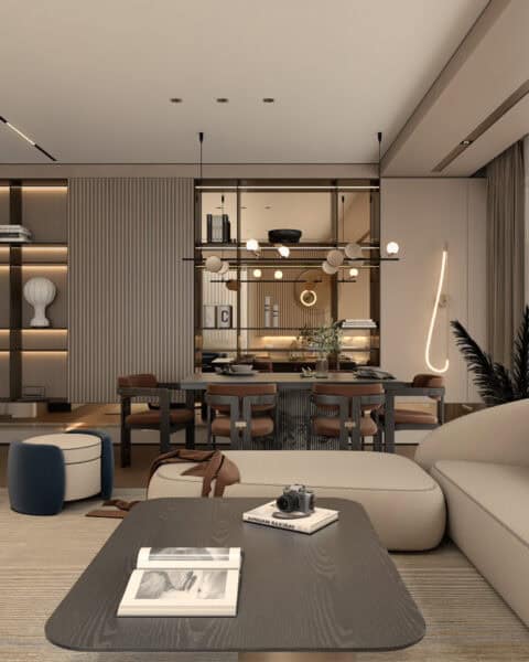 Salon ve yemek alanı bütünlüğü - tuğ mimarlık Büyükhanlı Residence salon tasarımı yemek masası ve seperatör raf geçişi