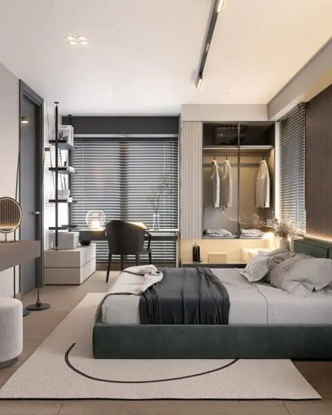 Büyükhanlı Residence yatak odası genel görünüm, yeşil yatak ve çalışma köşesi