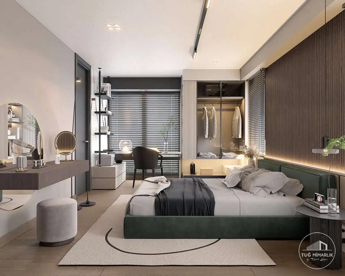 Büyükhanlı residence yatak odası genel görünüm - tuğ mimarlık Büyükhanlı Residence yatak odası genel görünüm, yeşil yatak ve çalışma köşesi