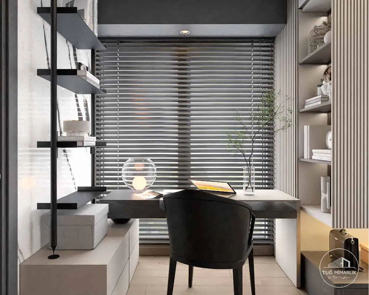 Pencere Önü Çalışma köşesi tasarımı - tuğ mimarlık pencere önü çalışma masası ve raf sistemi, Büyükhanlı Residence yatak odası