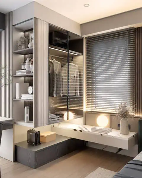 cam kapaklı gardırop ve aydınlatmalı niş, Büyükhanlı Residence yatak odası