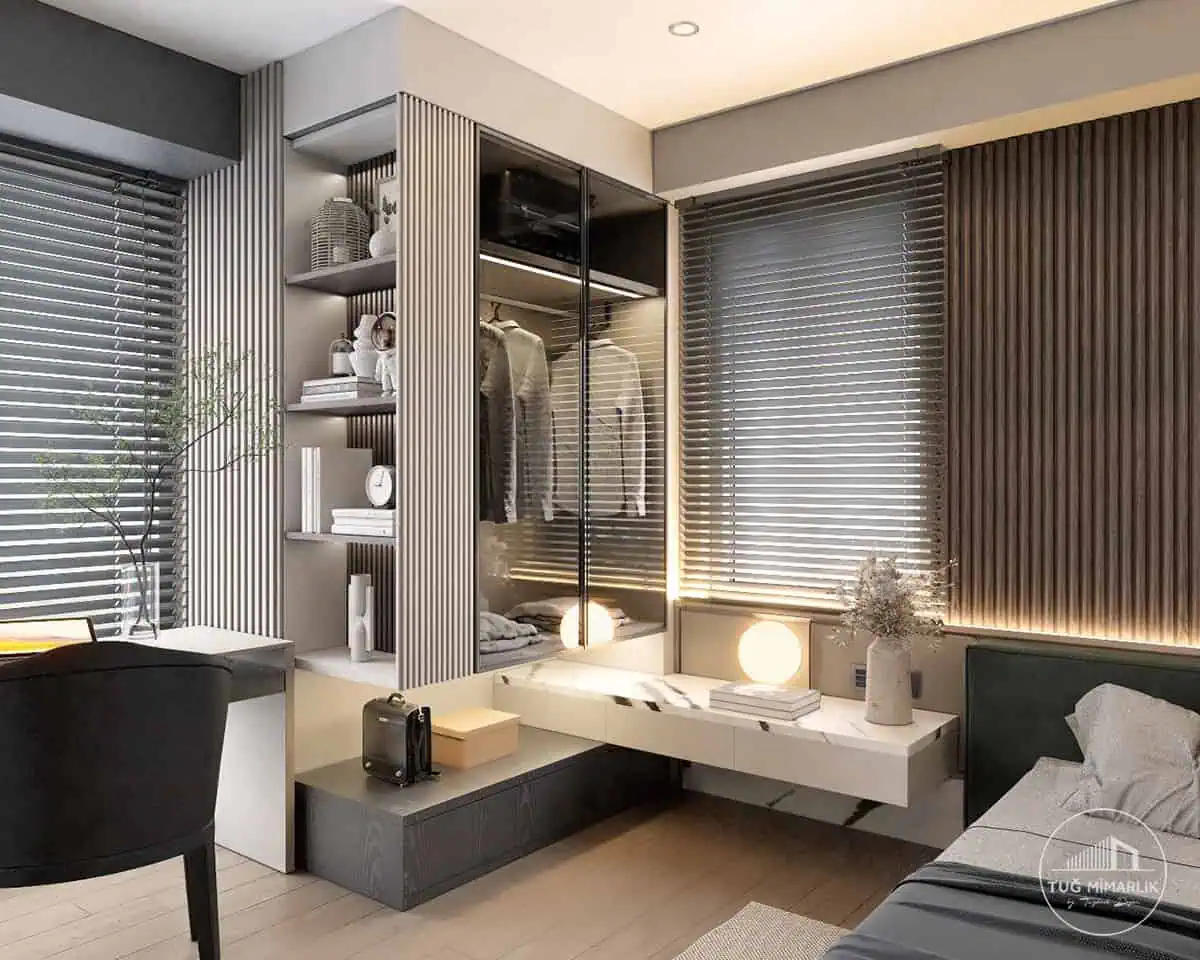 Cam kapaklı gardırop ve niş alanı - tuğ mimarlık cam kapaklı gardırop ve aydınlatmalı niş, Büyükhanlı Residence yatak odası