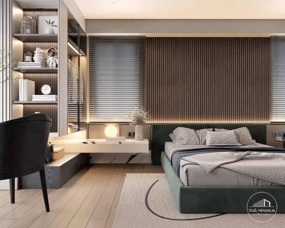 Çıtalı duvar ve yeşil yatak detayı - tuğ mimarlık çıtalı duvar paneli ve yeşil döşemeli yatak, Büyükhanlı Residence yatak odası