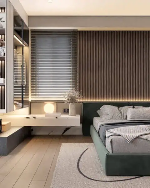 çıtalı duvar paneli ve yeşil döşemeli yatak, Büyükhanlı Residence yatak odası