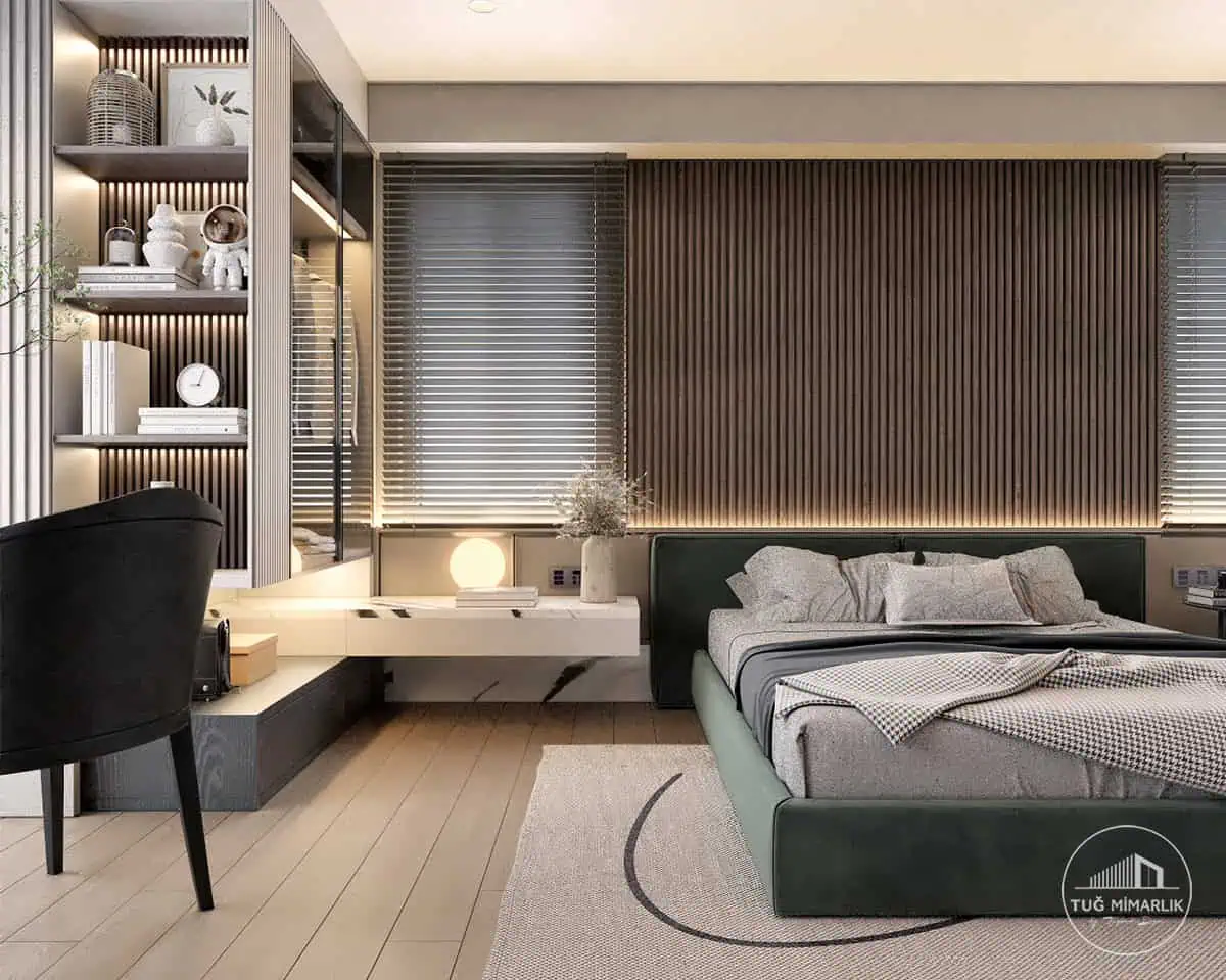 Çıtalı duvar ve yeşil yatak detayı - tuğ mimarlık çıtalı duvar paneli ve yeşil döşemeli yatak, Büyükhanlı Residence yatak odası