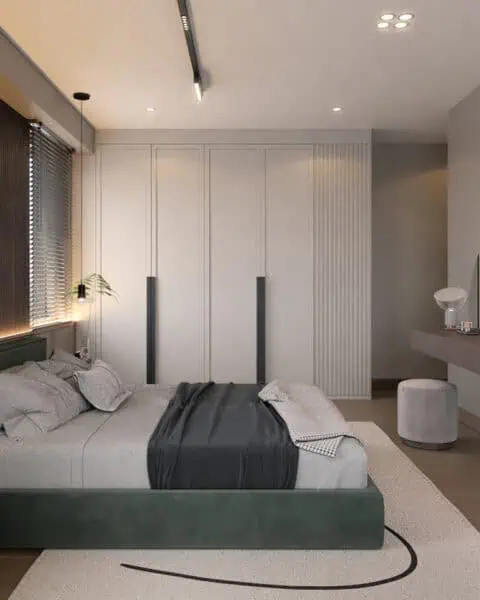 Gardırop ve makyaj masası perspektifi - tuğ mimarlık beyaz gardırop kapakları ve makyaj masası, Büyükhanlı Residence yatak odası