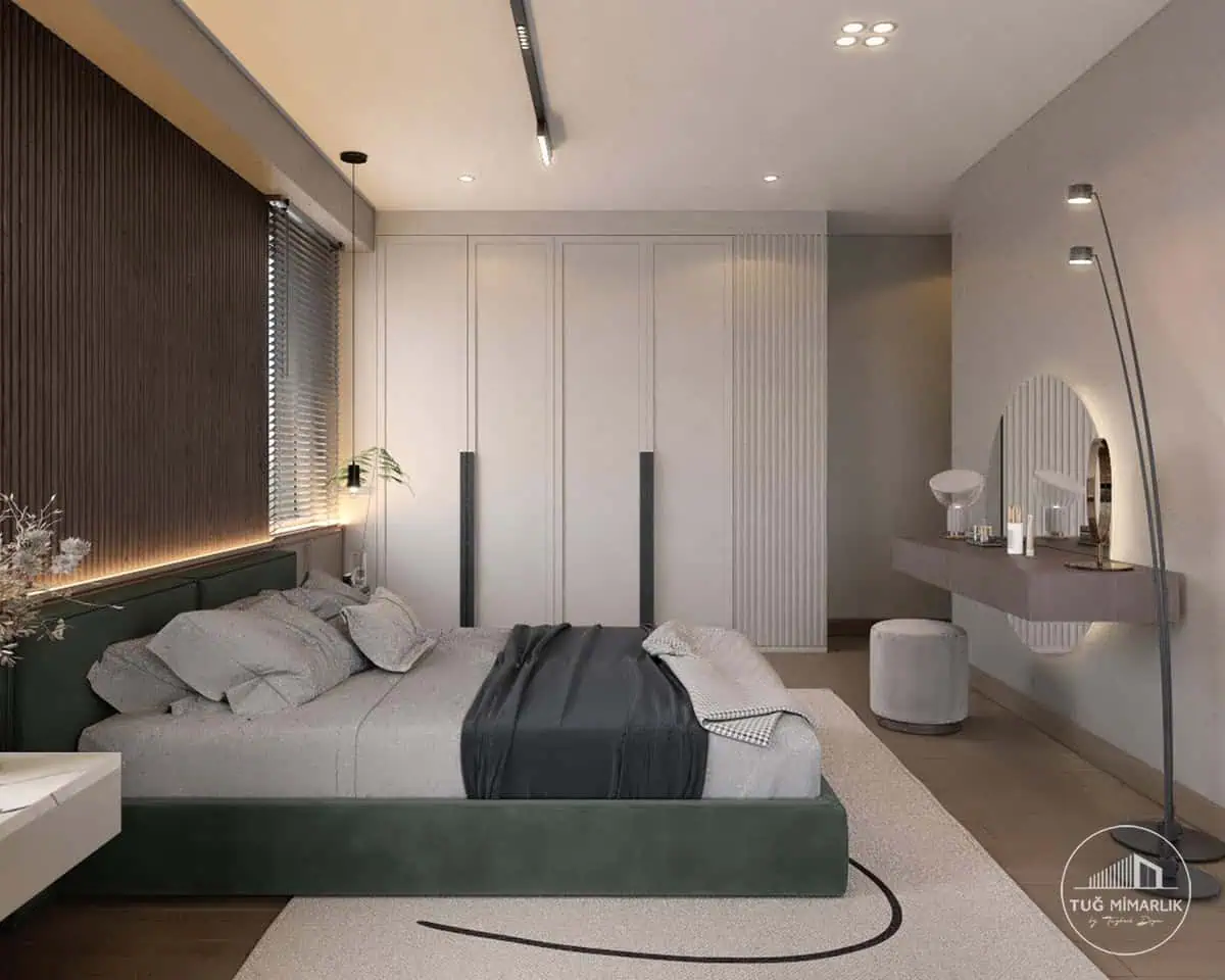 Gardırop ve makyaj masası perspektifi - tuğ mimarlık beyaz gardırop kapakları ve makyaj masası, Büyükhanlı Residence yatak odası