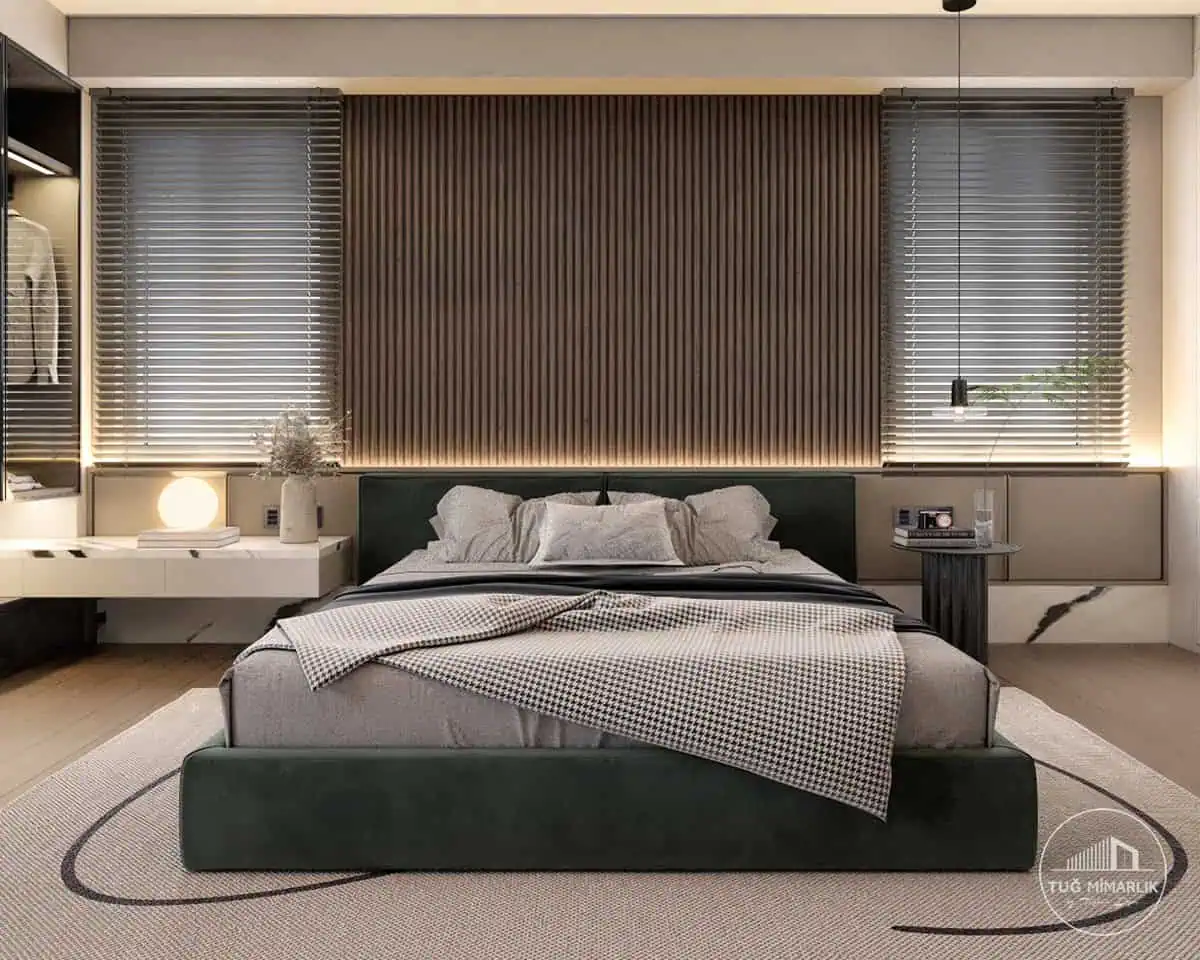 Yatak başında led ve komodin detayı - tuğ mimarlık yatak başında LED ışık ve komodin detayı, Büyükhanlı Residence yatak odası