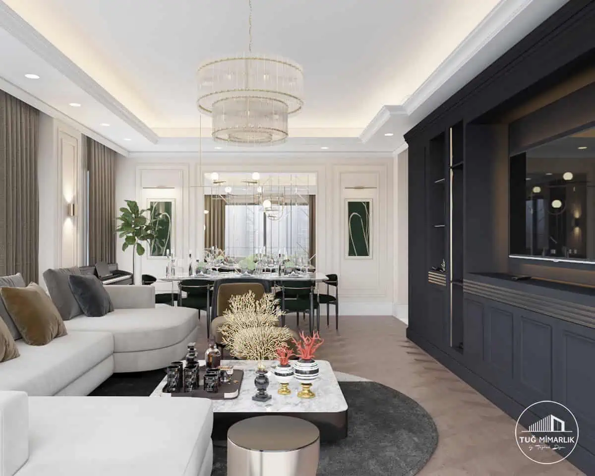 Oturma alanı ve tv duvarı perspektifi - tuğ mimarlık oturma alanı, mermer orta sehpa ve tv duvarı, büyükyalı salon tasarımı