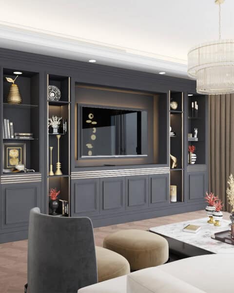 özel tv ünitesi duvarı, raf nişleri ve koyu ton mobilya, salon tasarımı