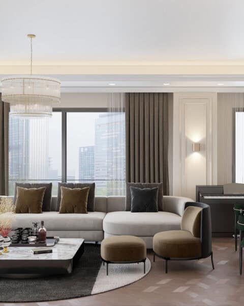 Büyükyalı salon ve yemek alanı genel görünüm - tuğ mimarlık Büyükyalı salon tasarımı genel görünüm, yemek alanı ve deniz manzarası