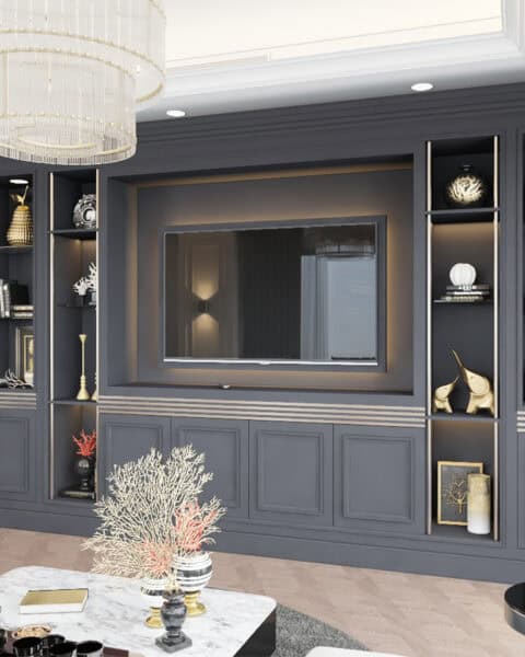 Tv Ünitesi yakın detay ve sergileme alanı - tuğ mimarlık tv ünitesi yakın detay, raf sergileme ve dekoratif aydınlatma, salon