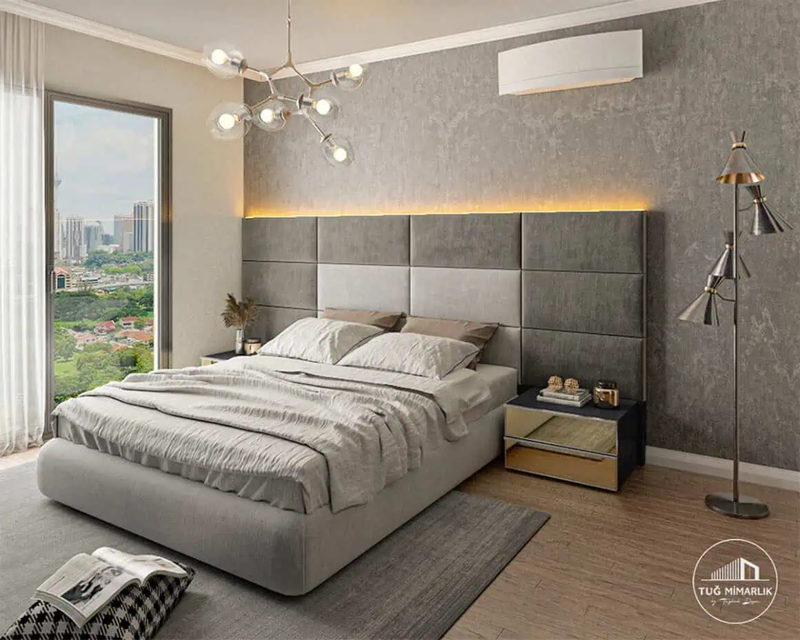 Büyükyalı yatak odası – led aydınlatmalı başlık duvarı - tuğ mimarlık Büyükyalı yatak odası LED aydınlatmalı başlık duvarı ve gri döşemeli yatak başlığı