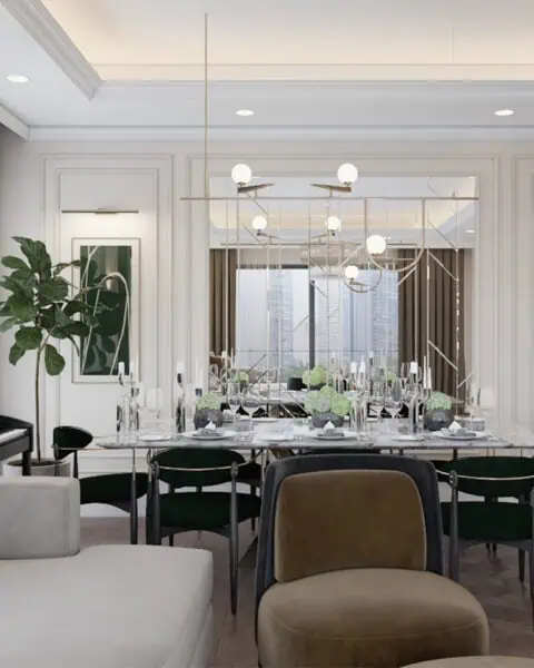 Yemek masası ve aynalı duvar paneli detayı - tuğ mimarlık aynalı duvar paneli ve yemek masası, büyükyalı salon tasarımı