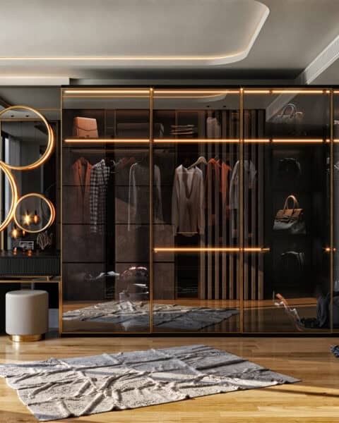 Cam kapaklı gardırop ve bronz çerçeve detaylı giyinme dolabı tasarımı Zeytinburnu